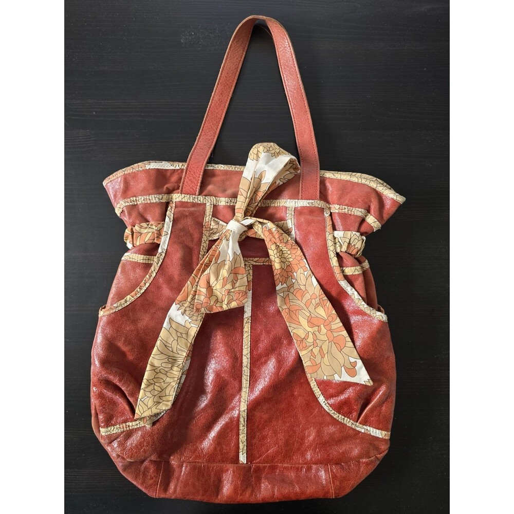 Anthropologie Lucky Penny Red Leather Floral Bow Tote Shoulder Bag Large BOHO